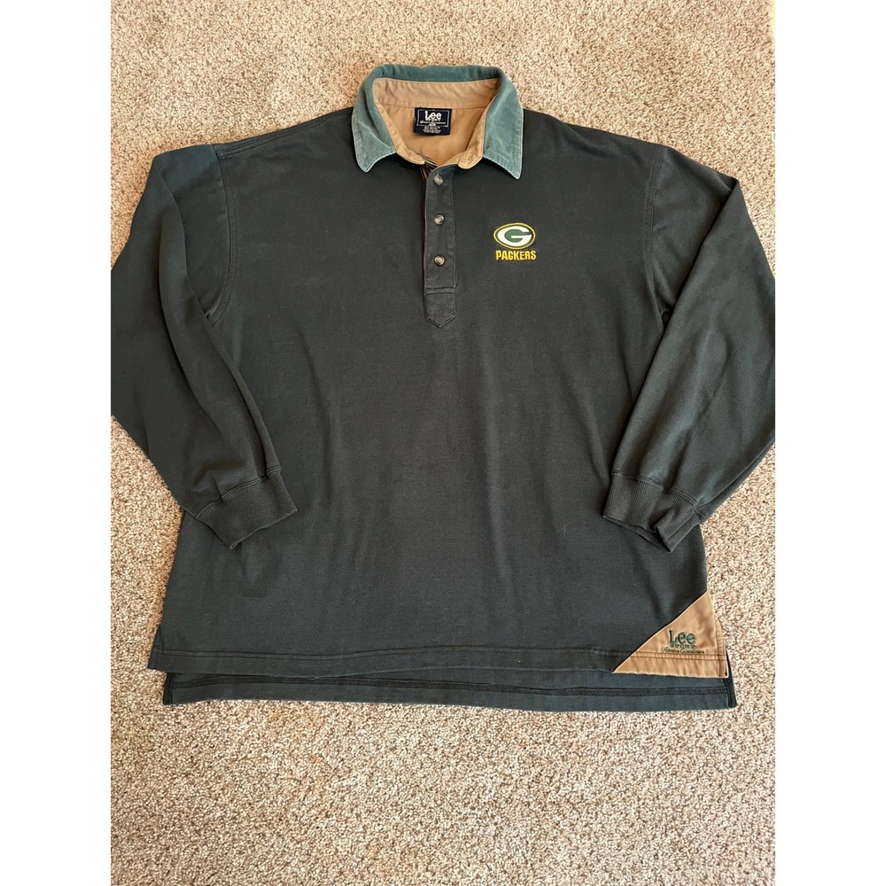 VTG 90s Lee Sport Men Polo Shirt XL Green Green Bay Packers Corduroy Collar Long
